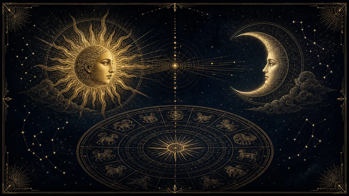 Sol e Lua sobre uma roda astrológica dourada