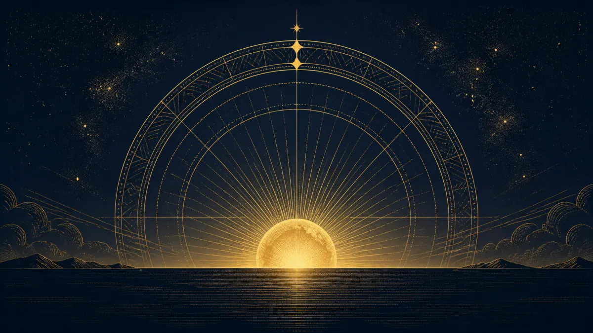 Sol dourado nascendo sobre o mar, entre montanhas e sob um céu estrelado