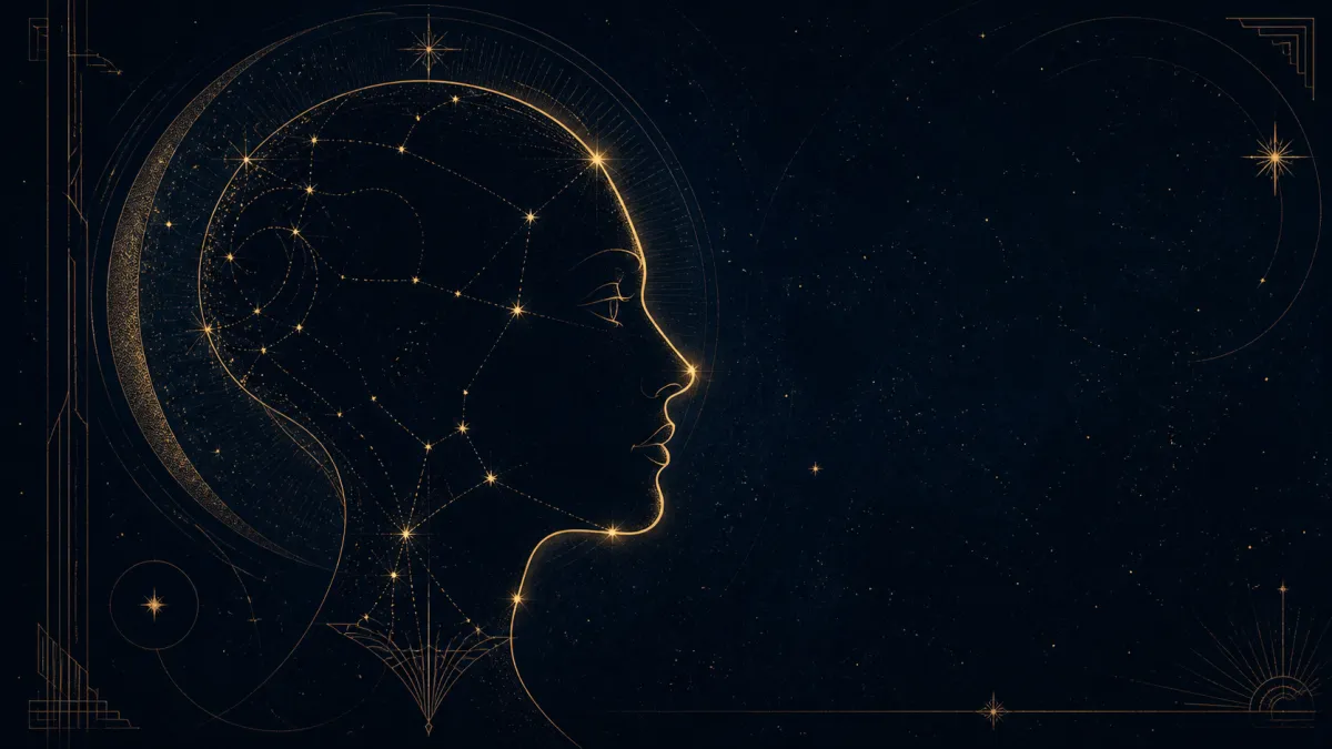 Perfil humano dourado formado por linhas e constelações em um céu estrelado