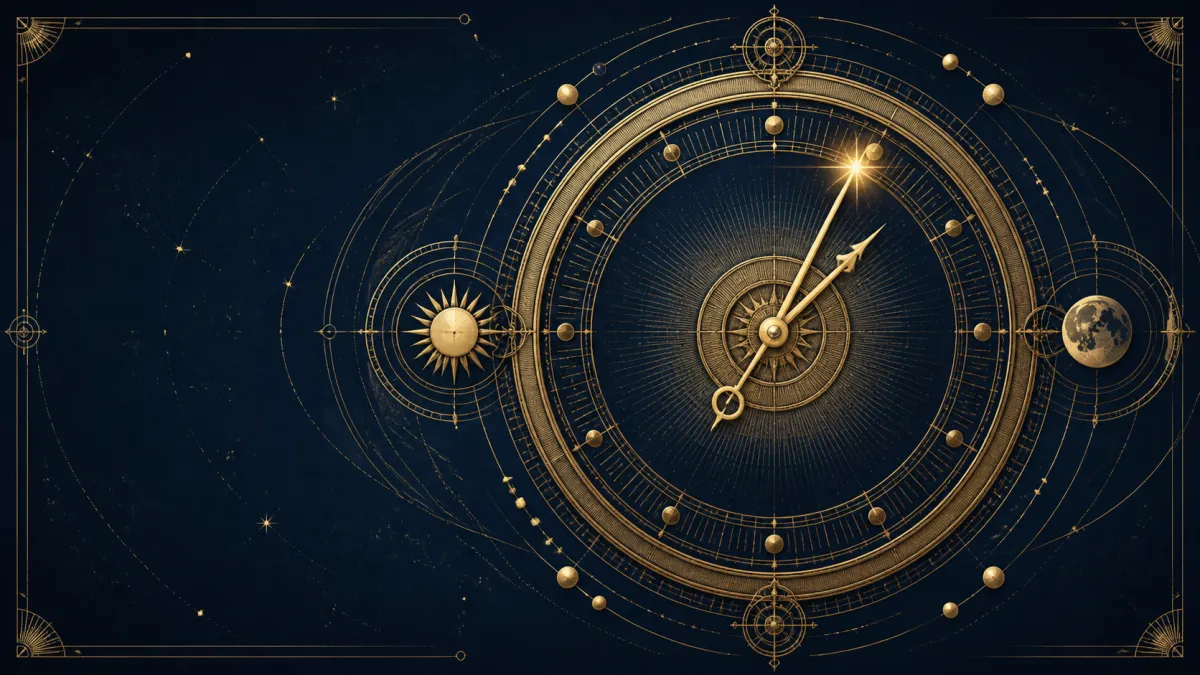 Mecanismo astronômico dourado com ponteiros, órbitas, Sol, Lua e estrelas