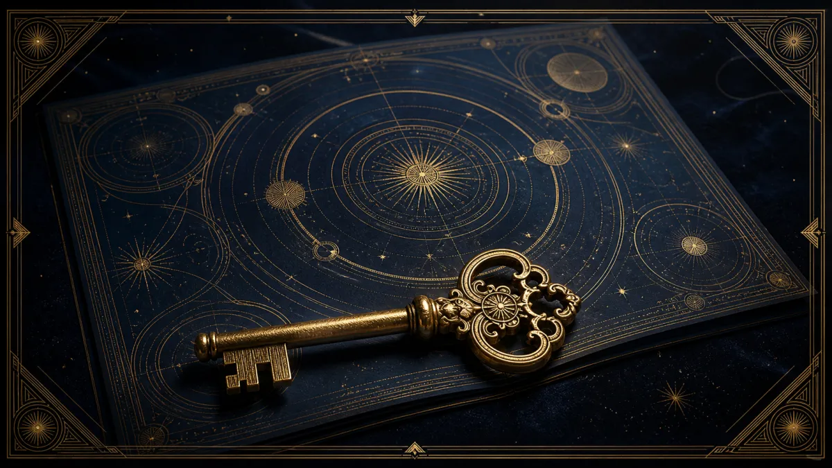 Chave dourada ornamentada sobre um mapa celeste azul-escuro com estrelas