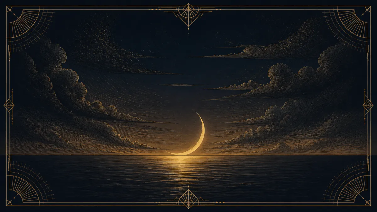 Lua crescente iluminada junto ao horizonte, sobre águas escuras e entre nuvens