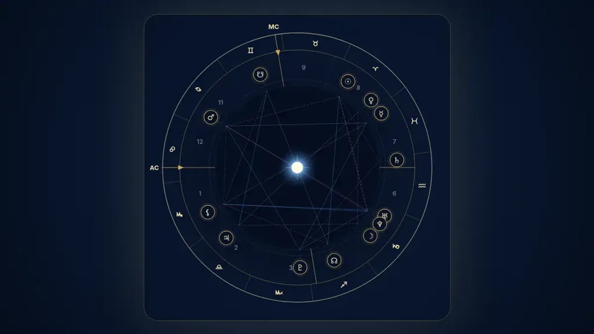 Mapa astral natal completo com signos, casas, planetas e linhas de aspectos