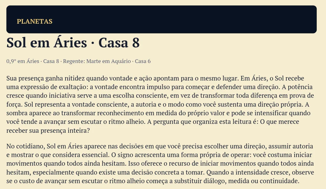 Trecho de uma página do relatório em PDF: o capítulo Sol em Áries na casa 8, com a linha de grau, casa e regente antes do texto