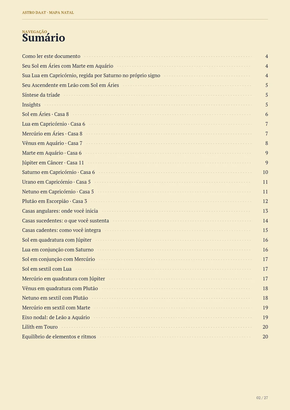 Página de sumário do relatório em PDF, com os títulos dos capítulos e os números de página