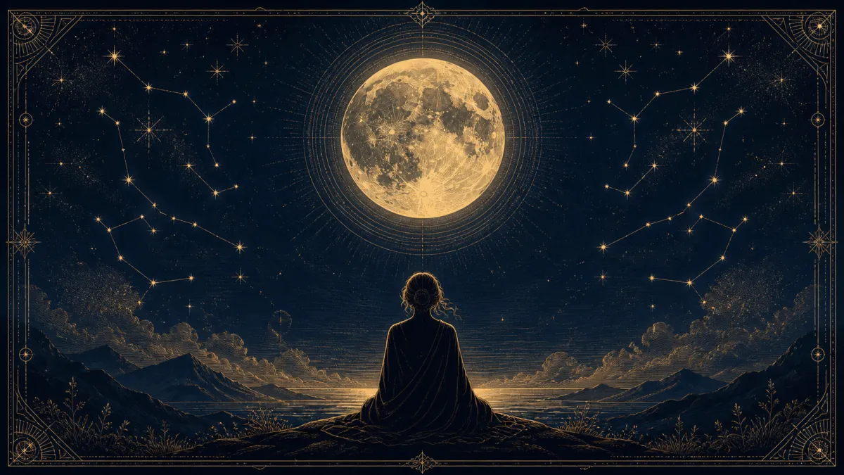 Pessoa contemplando a Lua diante de uma paisagem noturna
